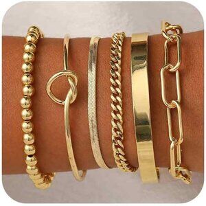 Trendy 14K Gold 6-Piece Stackable Bracelet Set Waterproof & Hypoallergenic